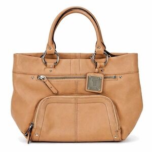 Tignanello Tan Camel Leather Satchel Tote Purse Zip Pockets Chain Lining